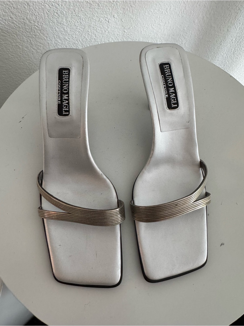 Bruno Magli Metallic Silver-Tone Strappy Square-Toe Slides